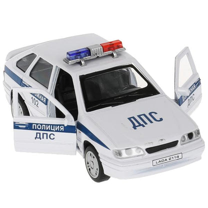 Машина металл ВАЗ-2114 "САМАРА" ПОЛИТИЯ 12 см, двери, багажник, белый, кор. Технопарк в кор.2*36шт