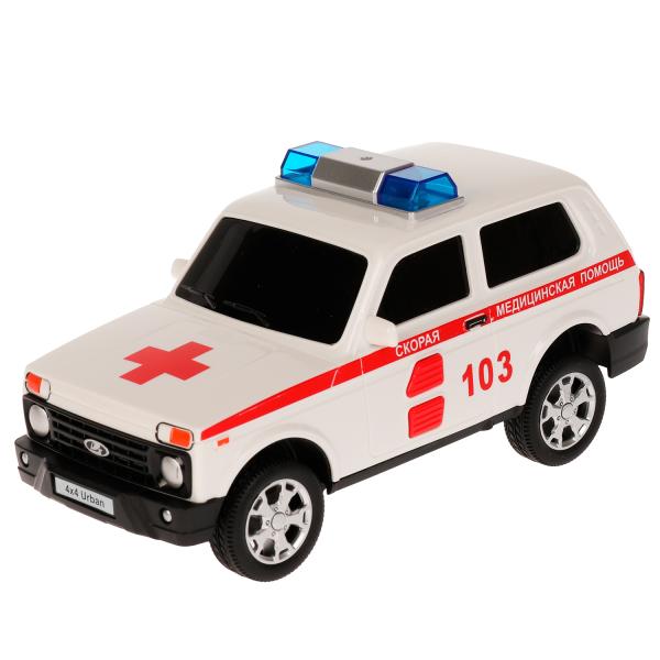 Машина пластик свет-звук LADA 4x4 URBAN СКОРАЯ 19,5 см, 2 кноп, инер, кор. Технопарк в кор.36шт