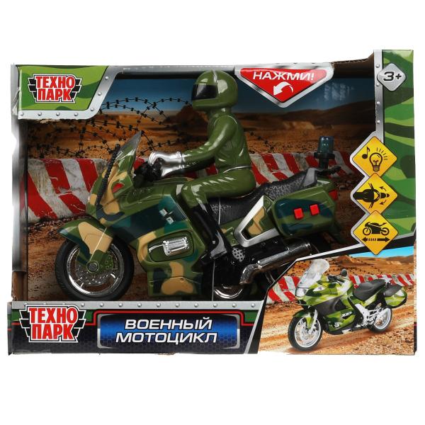 MOTOFIG-15PLMIL-GN Модель пластик свет-звук МОТОЦИКЛ ВОЕННЫЙ 15 см, 2 кноп, инерц, камуф, кор. Техно