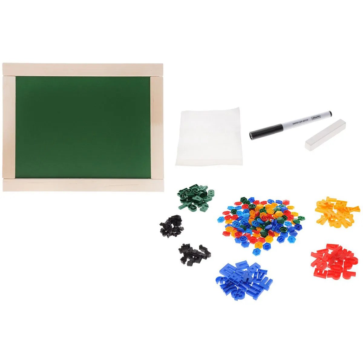 Доска комбинированная №6 (мел, маркер, набор букв рус.алфавита, цифр, знаков, вкладыши, магнитная шестигранная мозаика) новая упаковка (Россия)