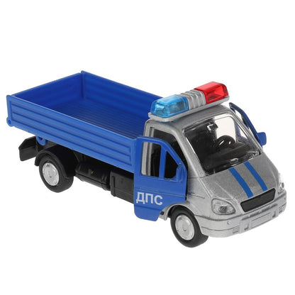 Машина металл ГАЗЕЛЬ 3302 САМОСВАЛ ПОЛИЦИЯ, 12 см, дв., баг., инерц., кор. Технопарк в кор.2*24шт