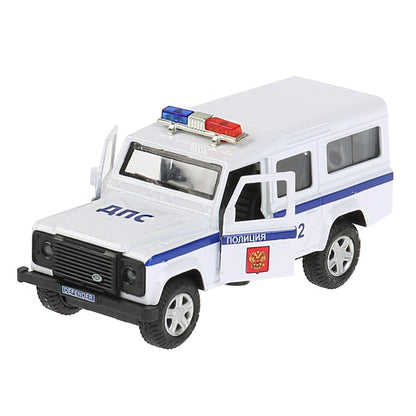Машина металл land rover defender полиция 12см,откр.двери,инерц.,белый в кор. Технопарк в кор.2*36шт