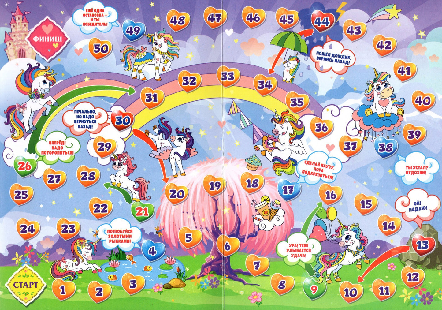 Настольная игра-бродилка. В стране радужных единорогов. (игровое поле, 4 фишки, 1 кубик)