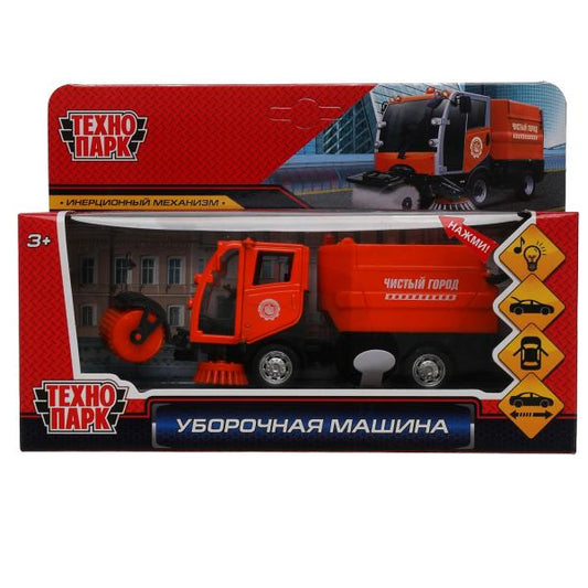 Машина металл свет-звук УБОРОЧНАЯ МАШИНА 15,5 см, двери, багажник, оранж, кор. Технопарк в кор.2*36шт