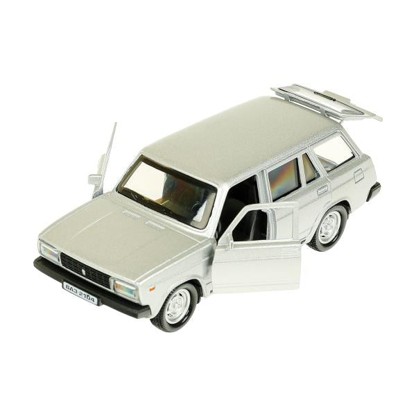 Машина металл ВАЗ-2104 ЖИГУЛИ 12 см, двери, багажник, инерц, серебристая, кор. Технопарк в кор.2*36шт