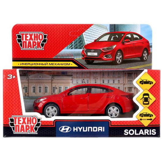 Машина металл HYUNDAI SOLARIS длина 12 см, двери, багажник, инерц, красный, кор. Технопарк в кор.2*36шт