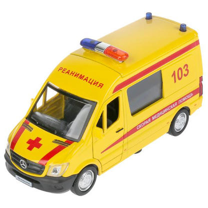 Машина "mercedes-benz sprinter реанимация" 14см, открыв. двери, инерц. в кор. Технопарк в кор.2*32шт