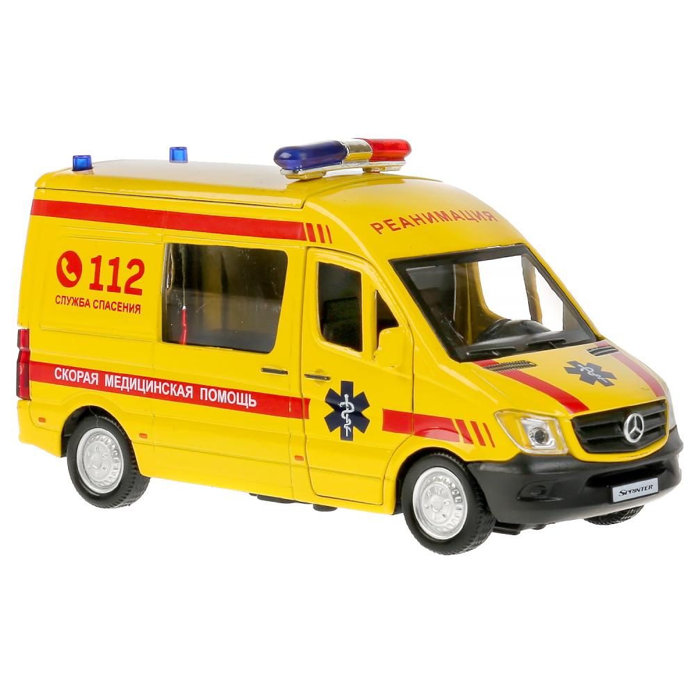 Машина металл свет-звук "mercedes-Benz sprinter реанимация" 14см,инерц. в кор. Технопарк в кор2*32шт