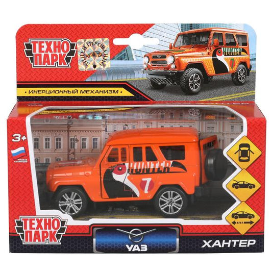 Машина металл UAZ HUNTER, 11,5 см, дв., багаж., инерц., оранж., кор. Технопарк в кор.2*24шт