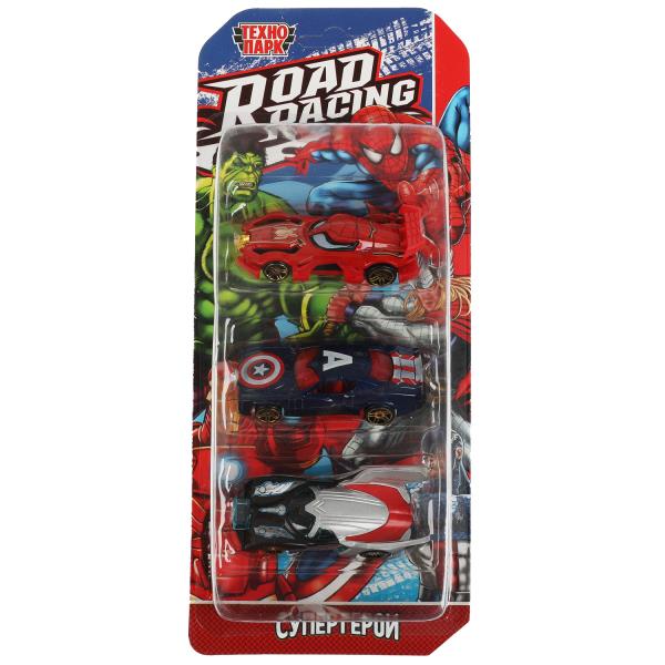 Машина металл ROAD RACING набор супергерои 7,5 см, 3 шт,в ассорт, блистер Технопарк в кор.2*120наб