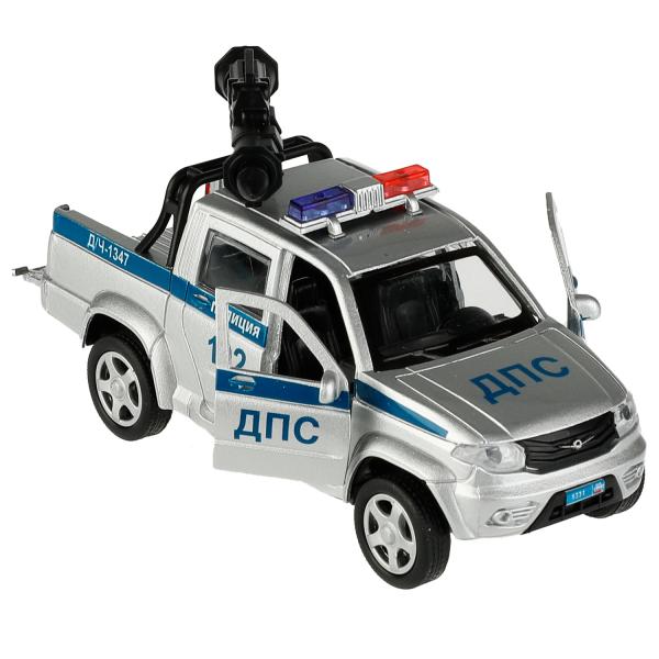Машина металл UAZ PICKUP ПОЛИЦИЯ С ПУШКОЙ 13 см, двер, багаж, инерц, кор. Технопарк в кор.2*36шт