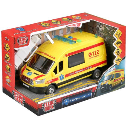 Машина свет+звук "форд транзит реанимация" 22,5см, пластик, откр.двери, инерц. Технопарк в кор2*18шт