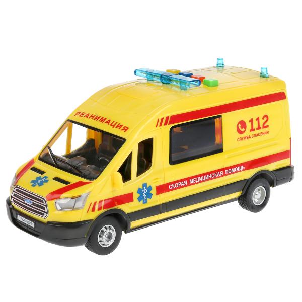 Машина свет+звук "форд транзит реанимация" 22,5см, пластик, откр.двери, инерц. Технопарк в кор2*18шт