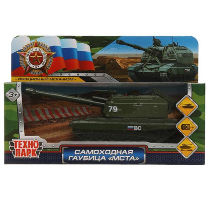 MSTA-12-GN328809 Модель металл МСТА-ГАУБИЦА 12 см, вращается башня, инерция, зелен, кор. Технопарк в