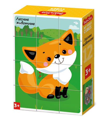 НАБОР ИЗ 12-И КУБИКОВ "ЛЕСНЫЕ ЖИВОТНЫЕ" (БЕЗ ОБКЛЕЙКИ) BABY TOYS в кор.20наб