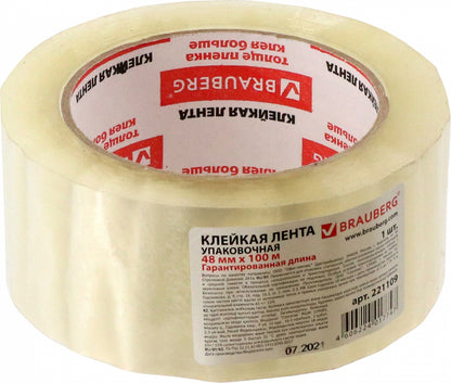 Клейкая лента 48мм х 100м упаковочная BRAUBERG прозрачная, гарантированная длина, 45мкм, арт.221109