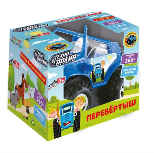 Машина-перевертыш СИНИЙ ТРАКТОР на бат., кор.11*9*9см ТЕХНОДРАЙВ в кор.2*120шт
