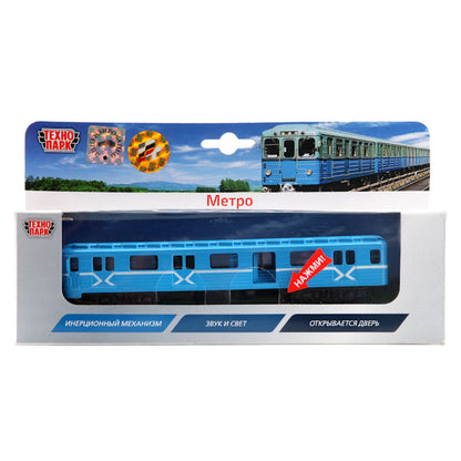ВАГОН МЕТРО "ТЕХНОПАРК" МЕТАЛЛ. ИНЕРЦ. СВЕТ+ЗВУК, ОТКРЫВ. ДВЕРИ В РУСС. КОР. 18,5СМ в кор.2*24шт