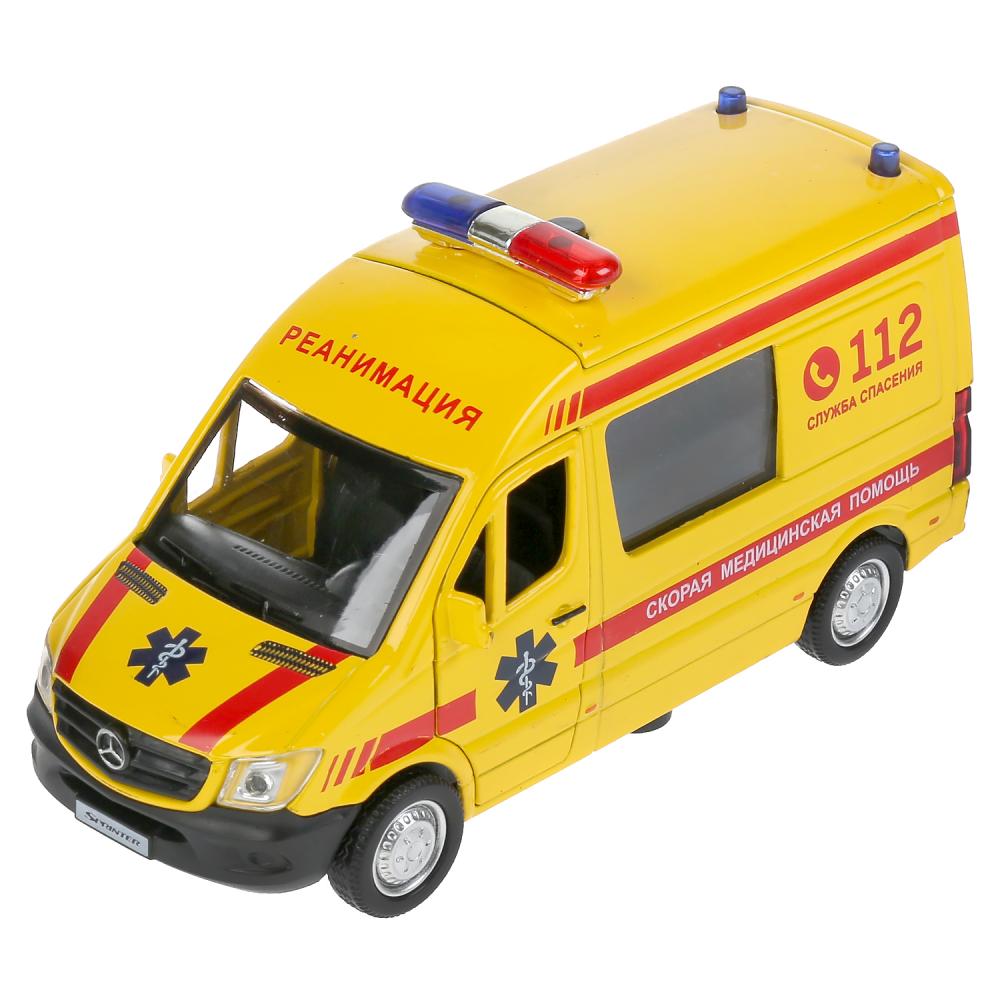 Машина металл свет-звук "mercedes-Benz sprinter реанимация" 14см,инерц. в кор. Технопарк в кор2*32шт