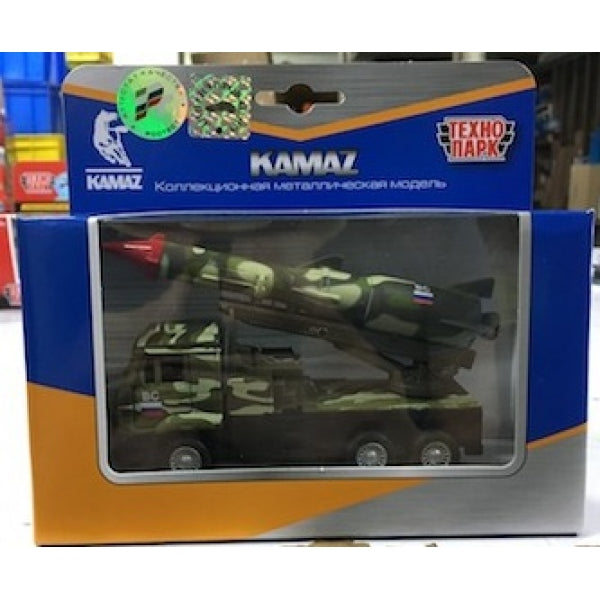 Машина металл KAMAZ с ракетой, 12 см, двери, подв.. дет., инер.,зел.кам.,кор Технопарк в кор.2*24шт