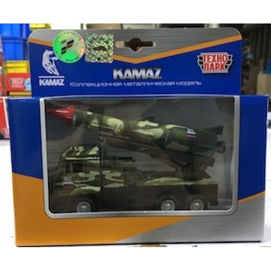 Машина металл KAMAZ с ракетой, 12 см, двери, подв.. дет., инер.,зел.кам.,кор Технопарк в кор.2*24шт