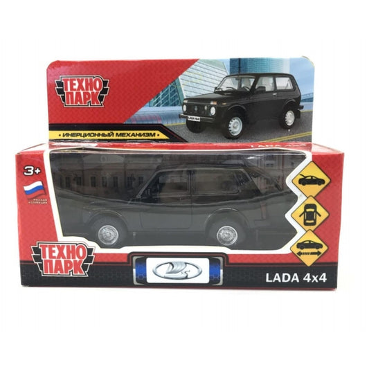 Машина металл LADA 4x4 длина 12 см, двери, багажник, инерц, черный, кор. Технопарк в кор.2*36шт
