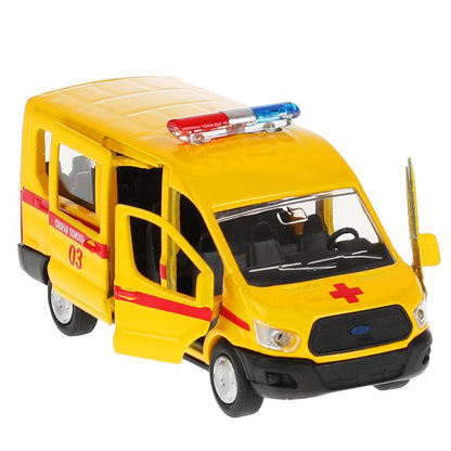 Машина металл FORD Transit скорая 12см, открыв. двери, инерц. в кор. Технопарк в кор.2*24шт