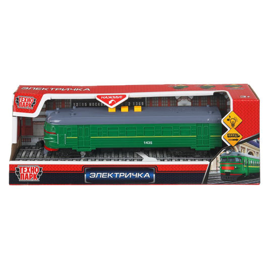 Модель пластик свет-звук ЭЛЕКТРИЧКА 20 см, 3 кнопки, инерц, зелен, кор. Технопарк в кор.48шт
