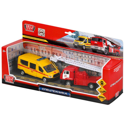 Машина металл СПЕЦТЕХНИКА СКОРАЯ 12 см+пожарная 12 см, открыв. двери, инерц. Технопарк в кор.2*12шт