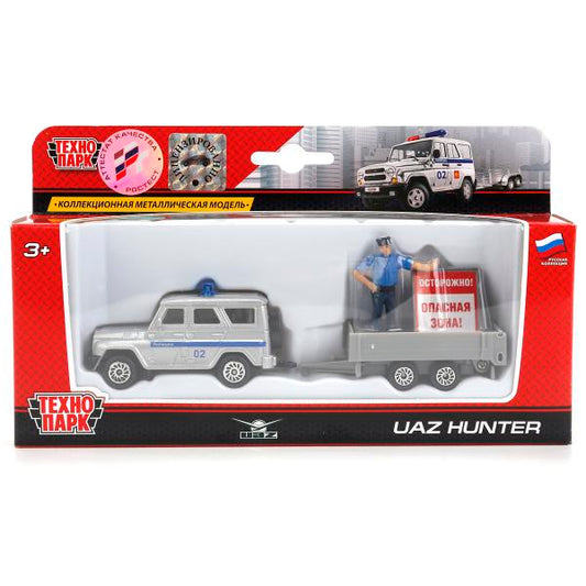 Машина металл UAZ HUNTER, 7,5 см + прицеп 7,5 см. с фигур. и знак., кор. Технопарк в кор.2*72шт