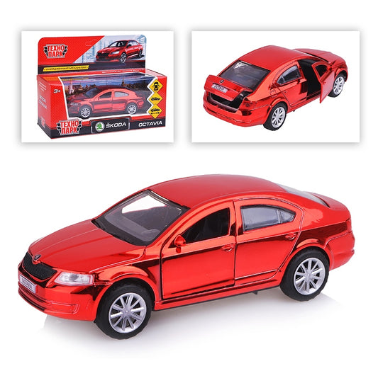 Машина металл SKODA OCTAVIA ХРОМ КРАСНЫЙ, 12см, открыв. двери, инерц. в кор. Технопарк в кор.2*36шт