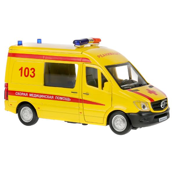 Машина "mercedes-benz sprinter реанимация" 14см, открыв. двери, инерц. в кор. Технопарк в кор.2*32шт