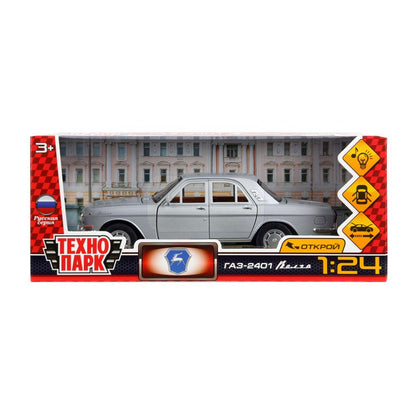 ГАЗ 2401 свет-звук 19,7 см, дв, кепка, сумка, ин, серый Технопарк в кор.2*24шт