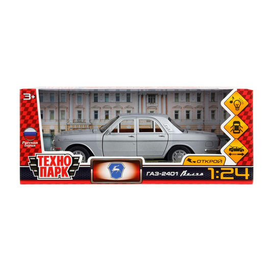 ГАЗ 2401 свет-звук 19,7 см, дв, кепка, сумка, ин, серый Технопарк в кор.2*24шт