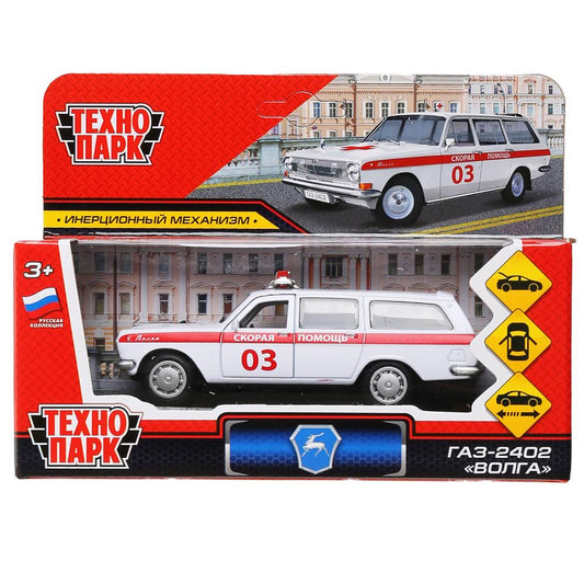 2402-12AMB-WH 303651 Машина металл ГАЗ-2402 "ВОЛГА" СКОРАЯ 12 см, двери, багаж, белая, в кор. Техн