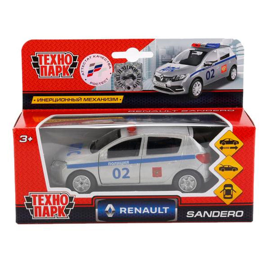 Машина металл RENAULT sandero ПОЛИЦИЯ, 12 см, двери, багаж., инерц., кор. Технопарк в кор.2*24шт
