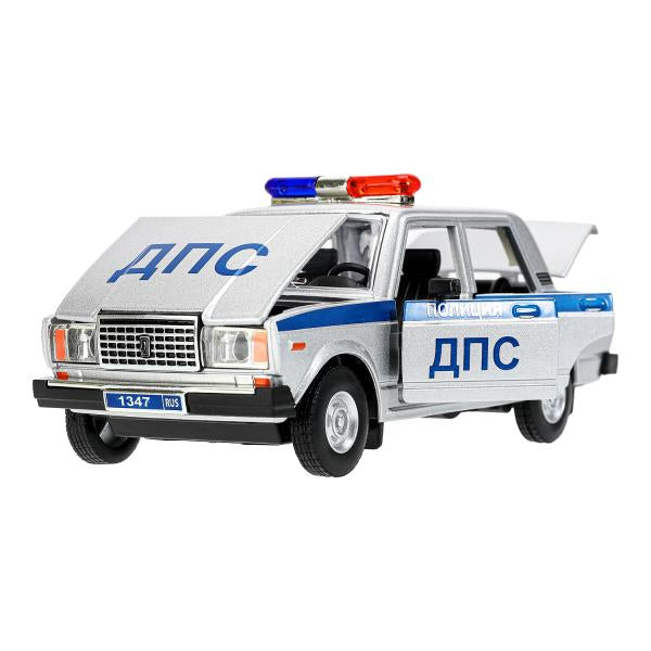 Машина металл свет-звук LADA ваз 2107,дв,к,баг,св-зв,ин,17,5 см,ПОЛИЦИЯ сер Технопарк в кор.2*18шт