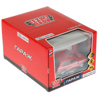 Technoparc. Garage "Пожарная часть" plastique 20,5 cm, + machine LADA 4x4, rouge, art.GARAGESMA-20PLFRI-L