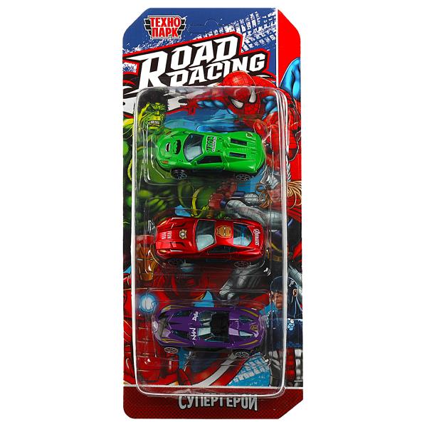 Машина металл ROAD RACING набор супергерои 7,5 см, 3 шт,в ассорт, блистер Технопарк в кор.2*120наб