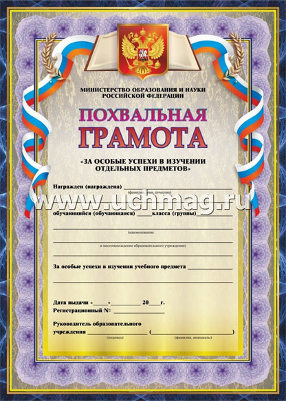 Похвальная грамота За особые успехи в изучении