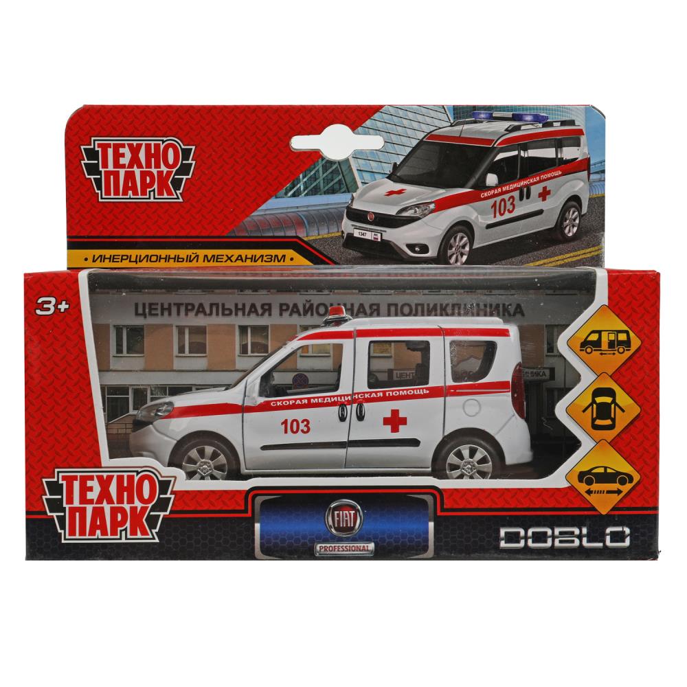 DOBLO-12AMB-WH343390 Машина металл FIAT DOBLO СКОРАЯ длина 12 см, двери, инерц, белый, кор. Технопар