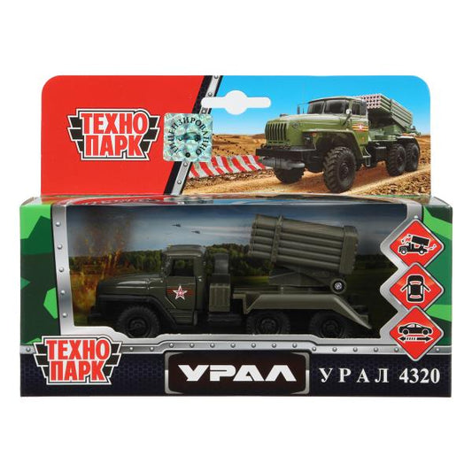 Машина металл АРМИЯ РОССИИ УРАЛ с ракетами 12 см, двери, инерция Технопарк в кор.2*24шт