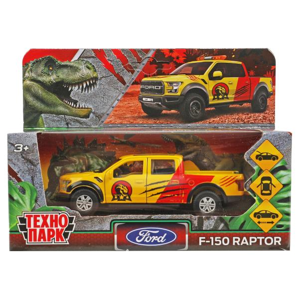 Technoparc. Modèle "Ford F150 Raptor dinosaures", métal 12 cm, double, sac, jaune, art.F150RAP-12DIN-YE