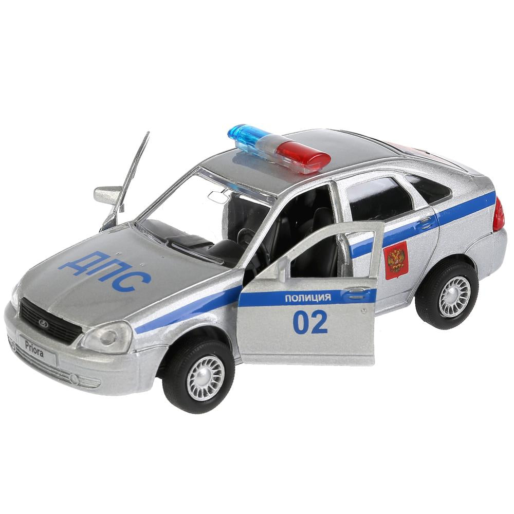 Машина металл LADA Priora хэтчбек полиция 12см, открыв. двери, инерц. в кор. Технопарк в кор.2*24шт