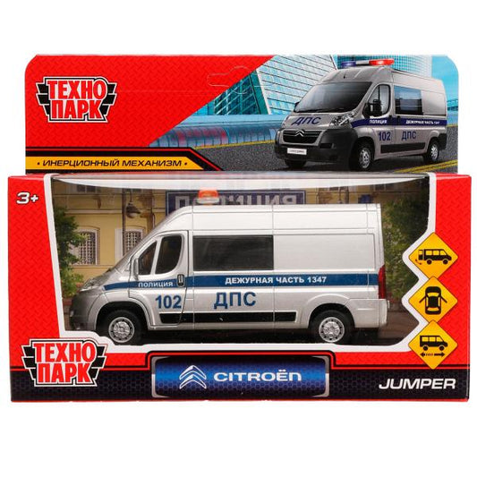 JUMPER-14POL-SRМашина металл CITROEN JUMPER ПОЛИЦИЯ 14 см, дверь, сумка, инер, серебр, кор. Технопарк в