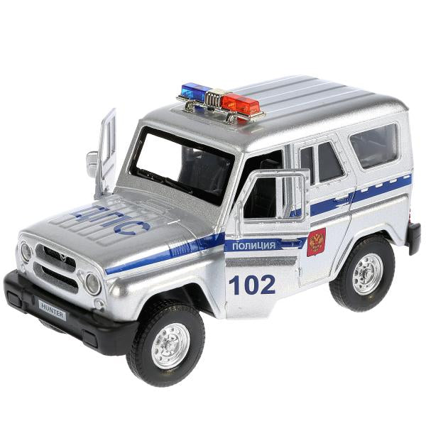 ТМ Технопарк. Машина металл "UAZ HUNTER ПОЛИЦИЯ" 12см, свет+звук, открыв. двери, инерц. в кор.2*36шт