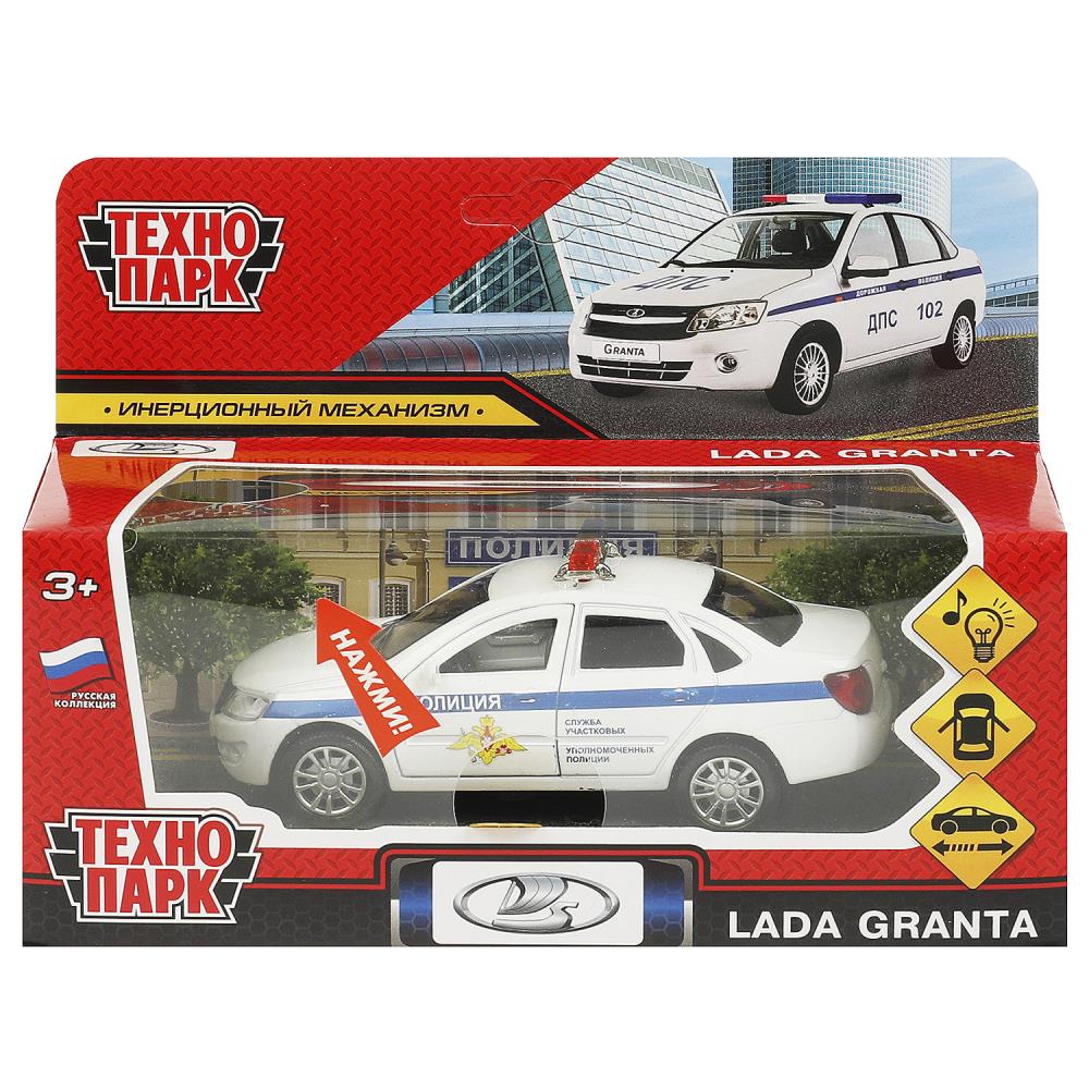 Машина металл свет-звук LADA granta ПОЛИЦИЯ 11,5 см, дв, багаж, инерц, кор. Технопарк в кор.2*36шт