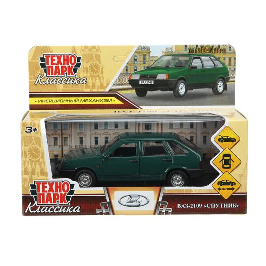 Машина металл ваз-2109 "СПУТНИК" 12 см, двери, багаж, инер,зеленый, кор. Технопарк в кор.2*36шт