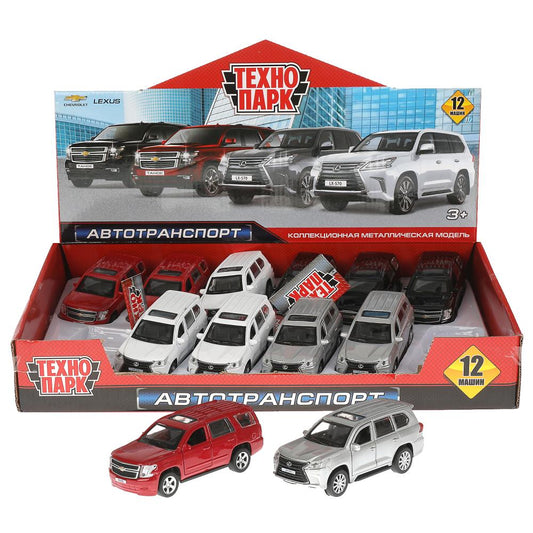Машина металл CHEVROLET TAHOE/LEXUS LX570 12 см,дверь,багаж,инерц,ассорт. Технопарк уп-12шт в кор.6уп