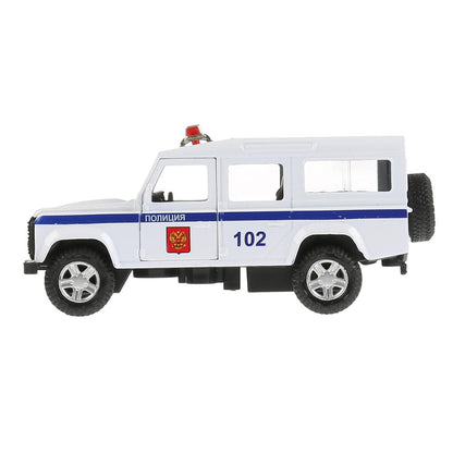 Машина металл land rover defender полиция 12см,откр.двери,инерц.,белый в кор. Технопарк в кор.2*36шт